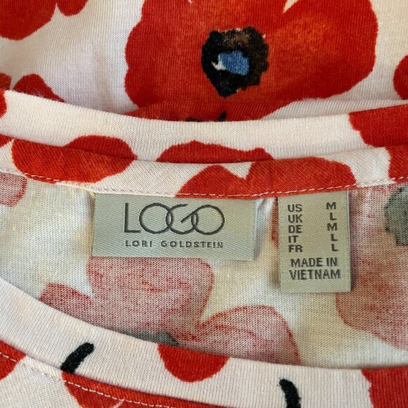 LOGO Lori Goldstein Women M Red Pink Floral Poppy Print Flutter Sleeve Shirt - Picture 9 of 11